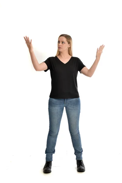 Full Length Portrait Blonde Girl Wearing Basic Black Shirt Jeans — Stock Photo, Image