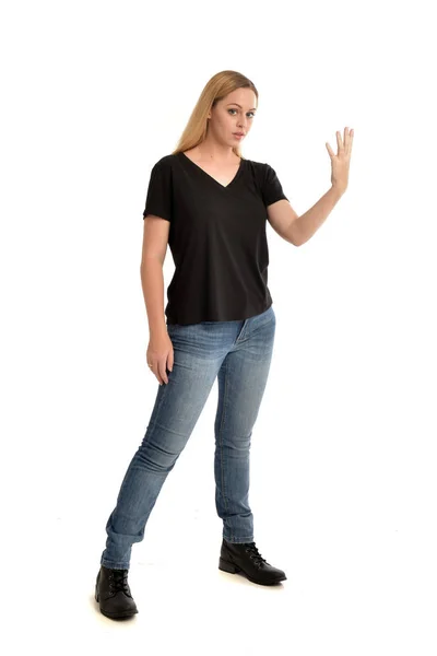 Full Length Portrait Blonde Girl Wearing Basic Black Shirt Jeans — Stock Photo, Image