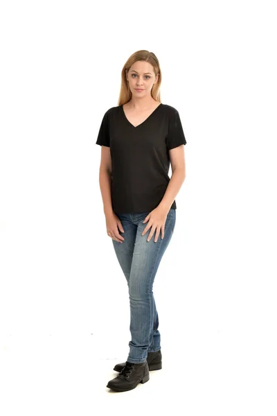 Full Length Portrait Blonde Girl Wearing Basic Black Shirt Jeans — Stock Photo, Image