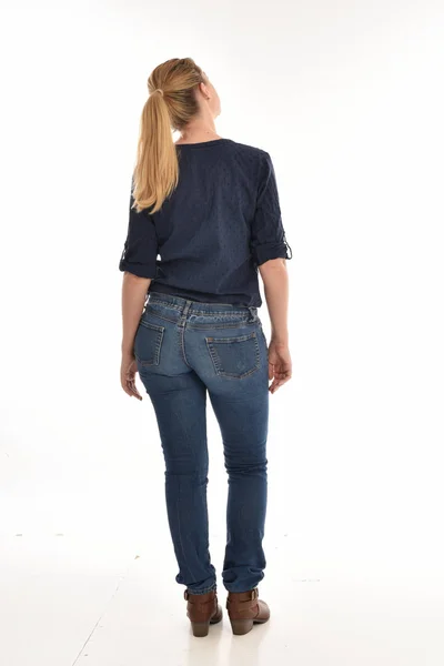 Full Length Portrait Blonde Girl Wearing Simple Blue Shirt Jeans — Stock Photo, Image