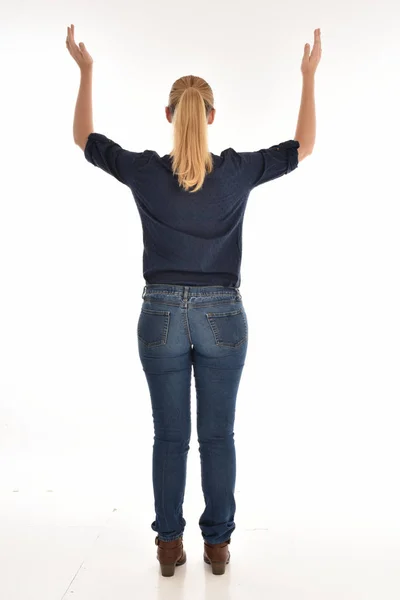 Full Length Portrait Blonde Girl Wearing Simple Blue Shirt Jeans — Stock Photo, Image