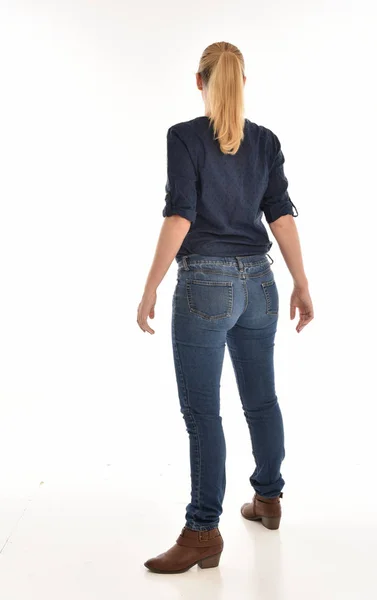 Full Length Portrait Blonde Girl Wearing Simple Blue Shirt Jeans — Stock Photo, Image