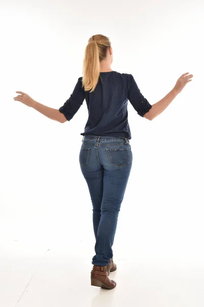 Full Length Portrait Blonde Girl Wearing Simple Blue Shirt Jeans — Stock Photo, Image