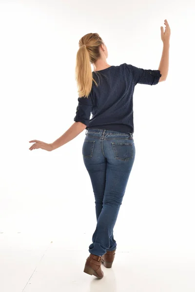 Full Length Portrait Blonde Girl Wearing Simple Blue Shirt Jeans — Stock Photo, Image