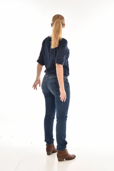 Full Length Portrait Blonde Girl Wearing Simple Blue Shirt Jeans — Stock Photo, Image