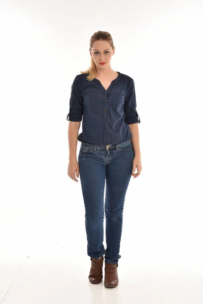 Full Length Portrait Girl Wearing Simple Blue Shirt Jeans Standing — Stock Photo, Image