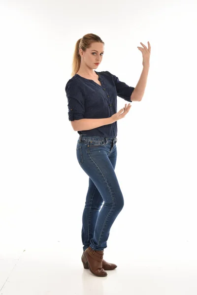 Full Length Portrait Girl Wearing Simple Blue Shirt Jeans Standing — Stock Photo, Image