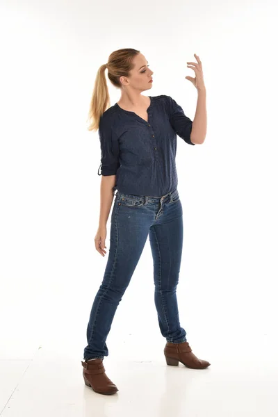 Full Length Portrait Girl Wearing Simple Blue Shirt Jeans Standing — Stock Photo, Image