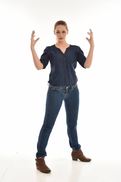 Full Length Portrait Girl Wearing Simple Blue Shirt Jeans Standing — Stock Photo, Image