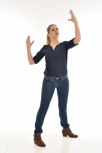 Full Length Portrait Girl Wearing Simple Blue Shirt Jeans Standing — Stock Photo, Image