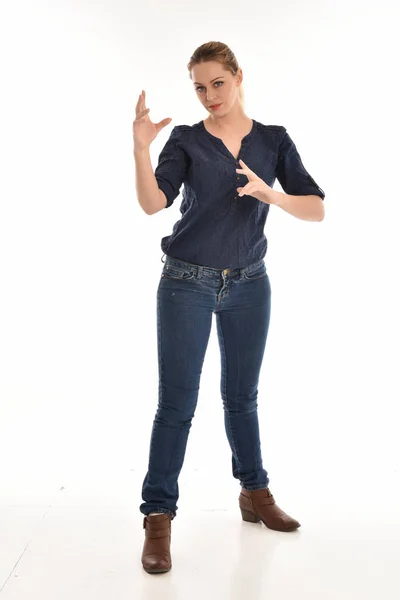 Full Length Portrait Girl Wearing Simple Blue Shirt Jeans Standing — Stock Photo, Image