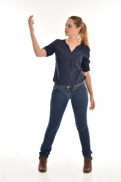 Full Length Portrait Girl Wearing Simple Blue Shirt Jeans Standing — Stock Photo, Image