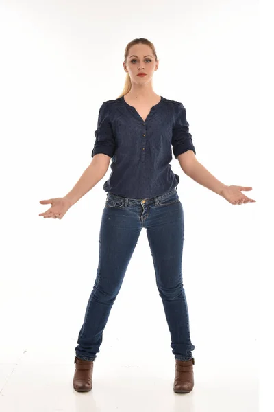 Full Length Portrait Girl Wearing Simple Blue Shirt Jeans Standing — Stock Photo, Image