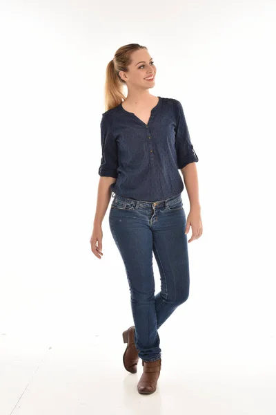 Full Length Portrait Girl Wearing Simple Blue Shirt Jeans Standing — Stock Photo, Image