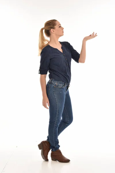 Full Length Portrait Girl Wearing Simple Blue Shirt Jeans Standing — Stock Photo, Image