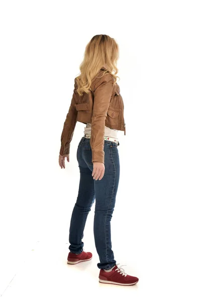 Full Length Portrait Blonde Girl Wearing Brown Jacket Jeans Standing — Stock Photo, Image