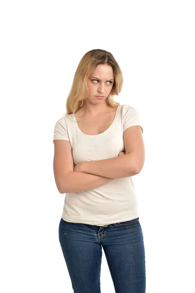 Portrait Blonde Girl Wearing White Shirt Crossing Her Arms Isolated — Stock Photo, Image