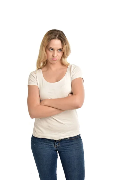 Portrait Blonde Girl Wearing White Shirt Crossing Her Arms Isolated — Stock Photo, Image