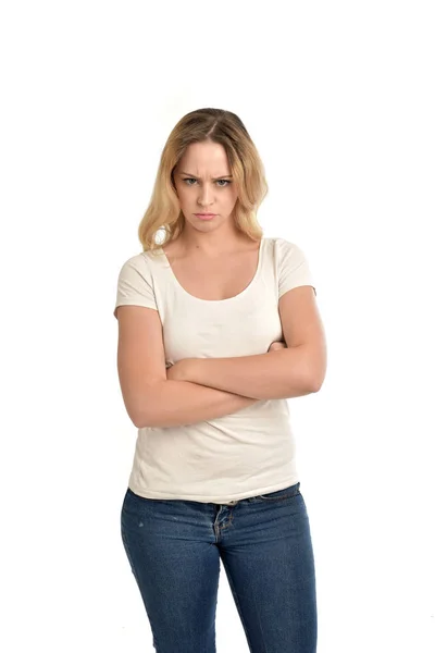 Portrait Blonde Girl Wearing White Shirt Crossing Her Arms Isolated — Stock Photo, Image