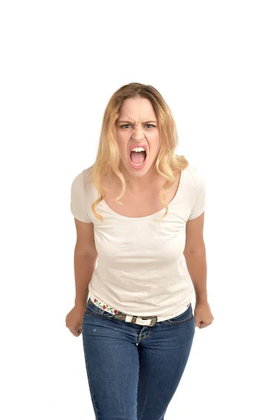 Portrait Blonde Girl Wearing White Shirt Angry Expression Isolated White — Stock Photo, Image