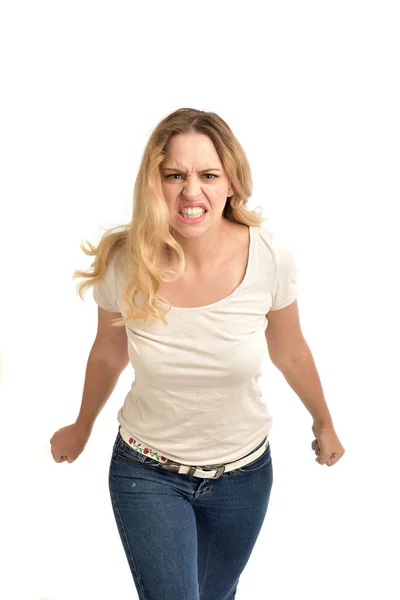 Portrait Blonde Girl Wearing White Shirt Angry Expression Isolated White — Stock Photo, Image
