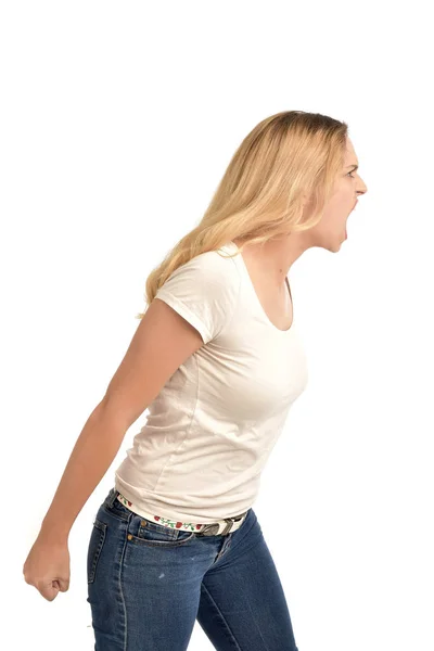 Retrato Menina Loira Vestindo Camisa Branca Expressão Irritada Isolado Fundo — Fotografia de Stock