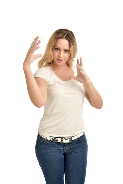 Retrato Una Chica Rubia Con Camisa Blanca Aislada Sobre Fondo — Foto de Stock