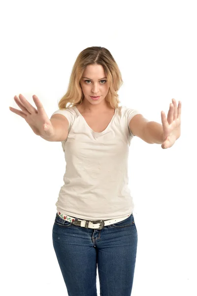 Portrait Blonde Girl Wearing White Shirt Isolated White Background — Stock Photo, Image
