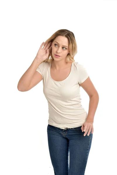 Portrait Blonde Girl Wearing White Shirt Isolated White Background — Stock Photo, Image