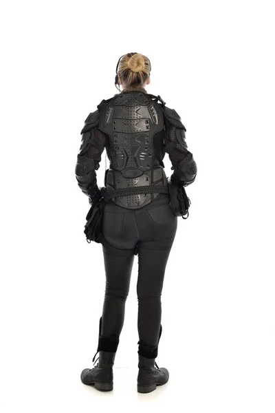 Full Length Portrait Female Soldier Wearing Black Tactical Armour Facing — Stock Photo, Image