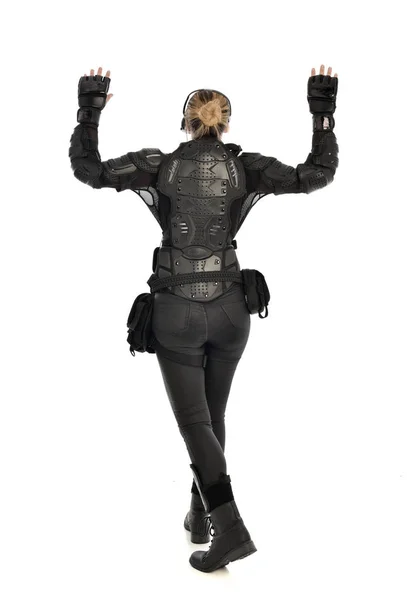 Full Length Portrait Female Soldier Wearing Black Tactical Armour Facing — Stock Photo, Image