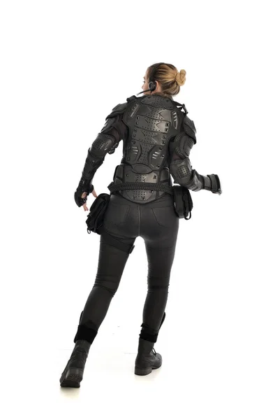 Full Length Portrait Female Soldier Wearing Black Tactical Armour Facing — Stock Photo, Image