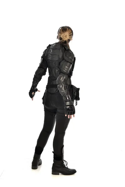 Full Length Portrait Female Soldier Wearing Black Tactical Armour Facing — Stock Photo, Image