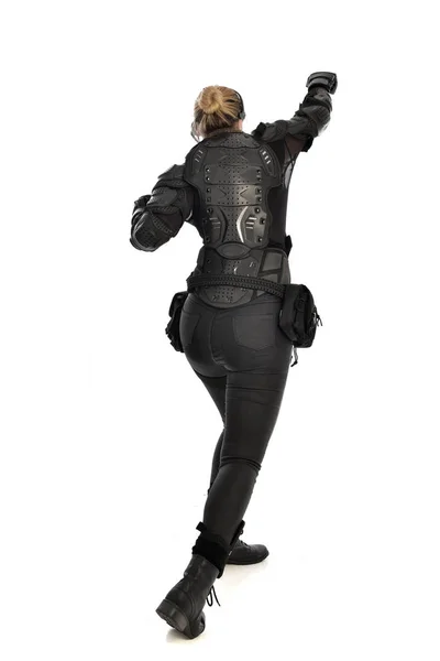 Full Length Portrait Female Soldier Wearing Black Tactical Armour Facing — Stock Photo, Image