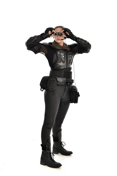 Full Length Portrait Female Soldier Wearing Black Tactical Armour Holding — Stock Photo, Image