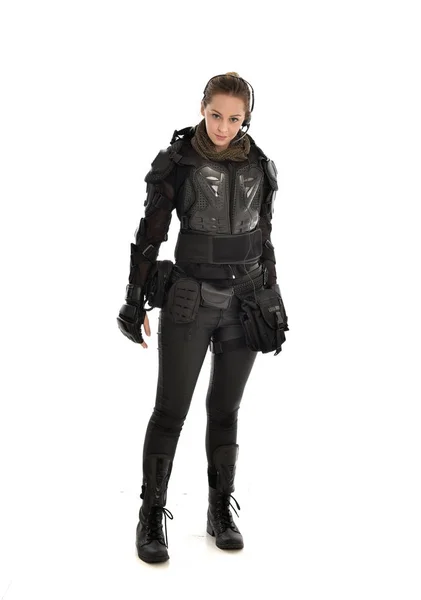 Full Length Portrait Female Soldier Wearing Black Tactical Armour Isolated — Stock Photo, Image