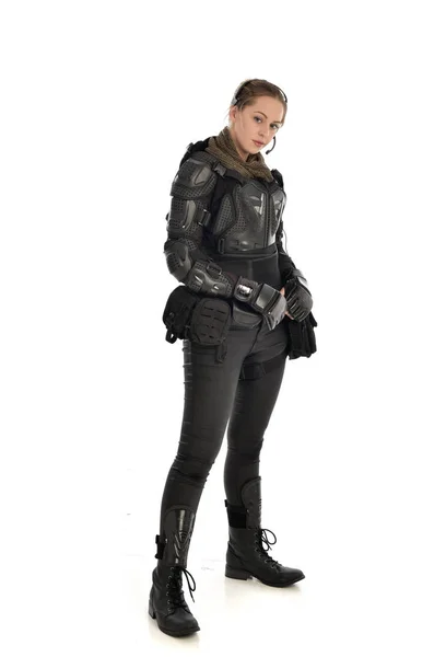 Full Length Portrait Female Soldier Wearing Black Tactical Armour Isolated — Stock Photo, Image