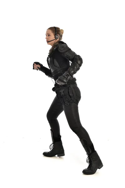Full Length Portrait Female Soldier Wearing Black Tactical Armour Isolated — Stock Photo, Image
