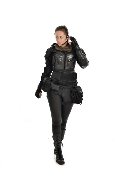 Full Length Portrait Female Soldier Wearing Black Tactical Armour Isolated — Stock Photo, Image