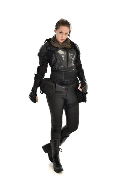 Full Length Portrait Female Soldier Wearing Black Tactical Armour Isolated — Stock Photo, Image