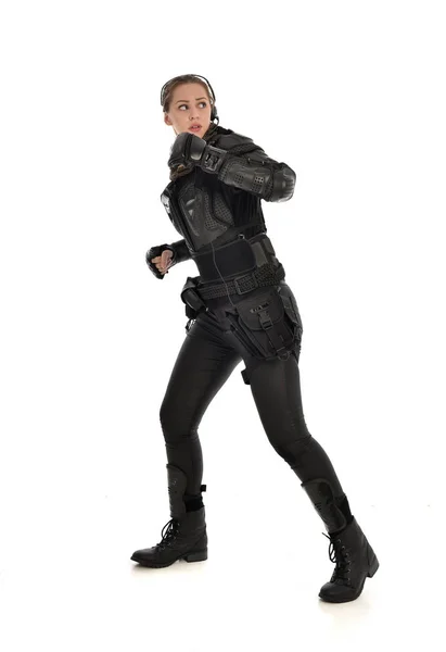 Full Length Portrait Female Soldier Wearing Black Tactical Armour Isolated — Stock Photo, Image