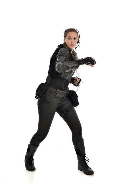 Full Length Portrait Female Soldier Wearing Black Tactical Armour Isolated — Stock Photo, Image