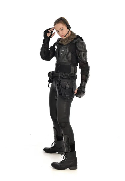 Full Length Portrait Female Soldier Wearing Black Tactical Armour Isolated — Stock Photo, Image