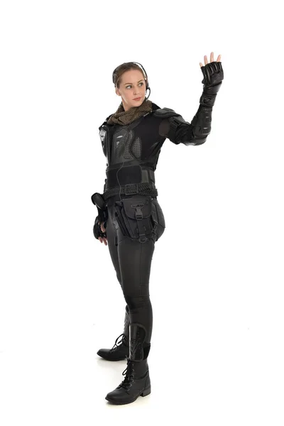 Full Length Portrait Female Soldier Wearing Black Tactical Armour Isolated — Stock Photo, Image