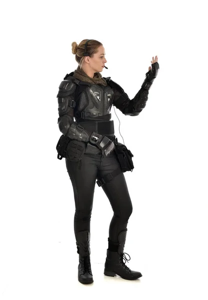 Full Length Portrait Female Soldier Wearing Black Tactical Armour Isolated — Stock Photo, Image