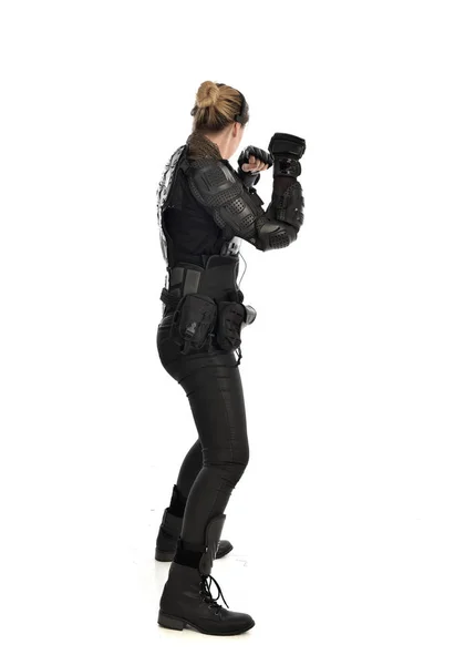 Full Length Portrait Female Soldier Wearing Black Tactical Armour Isolated — Stock Photo, Image