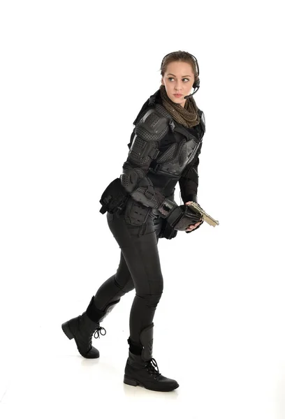 Full Length Portrait Female Soldier Wearing Black Tactical Armour Holding — Stock Photo, Image