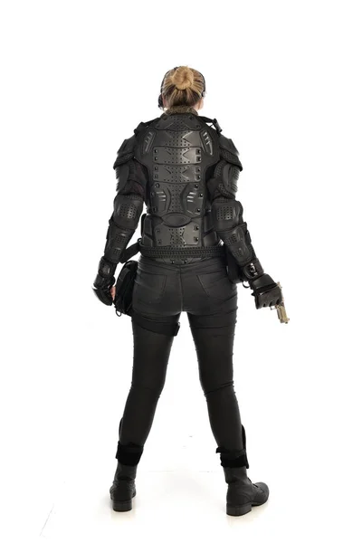 Full Length Portrait Female Soldier Wearing Black Tactical Armour Holding — Stock Photo, Image