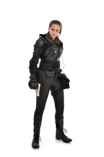 Full Length Portrait Female Soldier Wearing Black Tactical Armour Holding — Stock Photo, Image