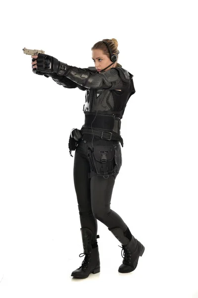 Full Length Portrait Female Soldier Wearing Black Tactical Armour Holding — Stock Photo, Image